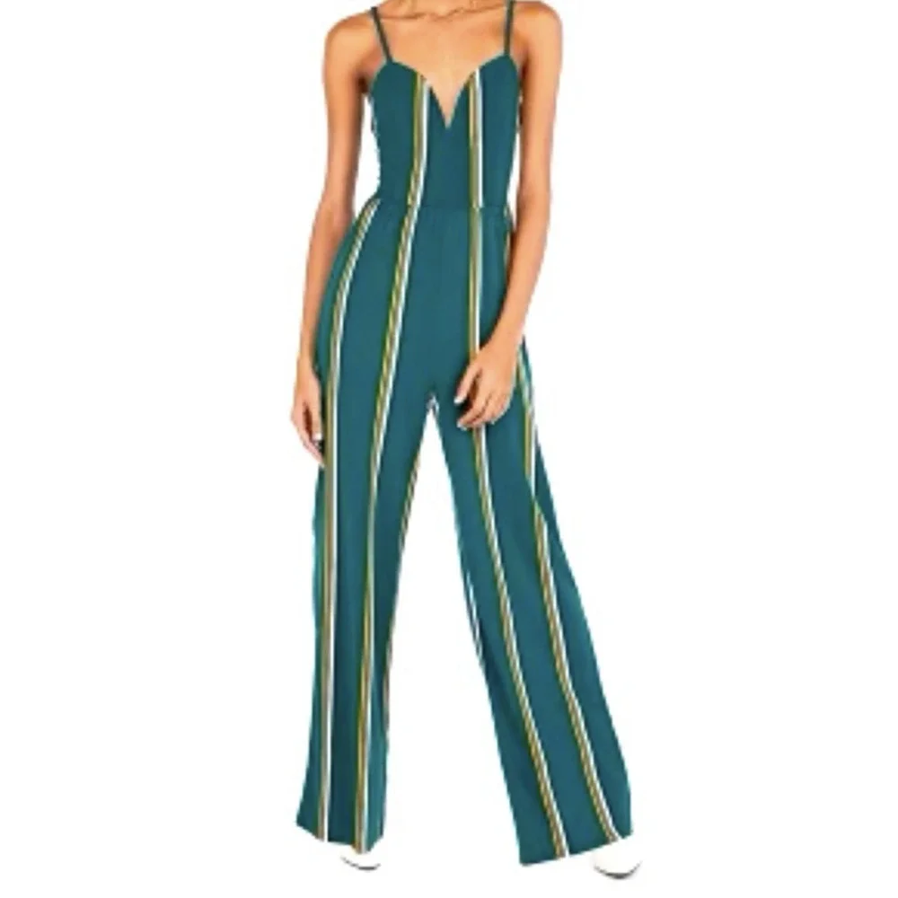 Express hunter green gold & white striped wide leg tank jumpsuit size XS EUC